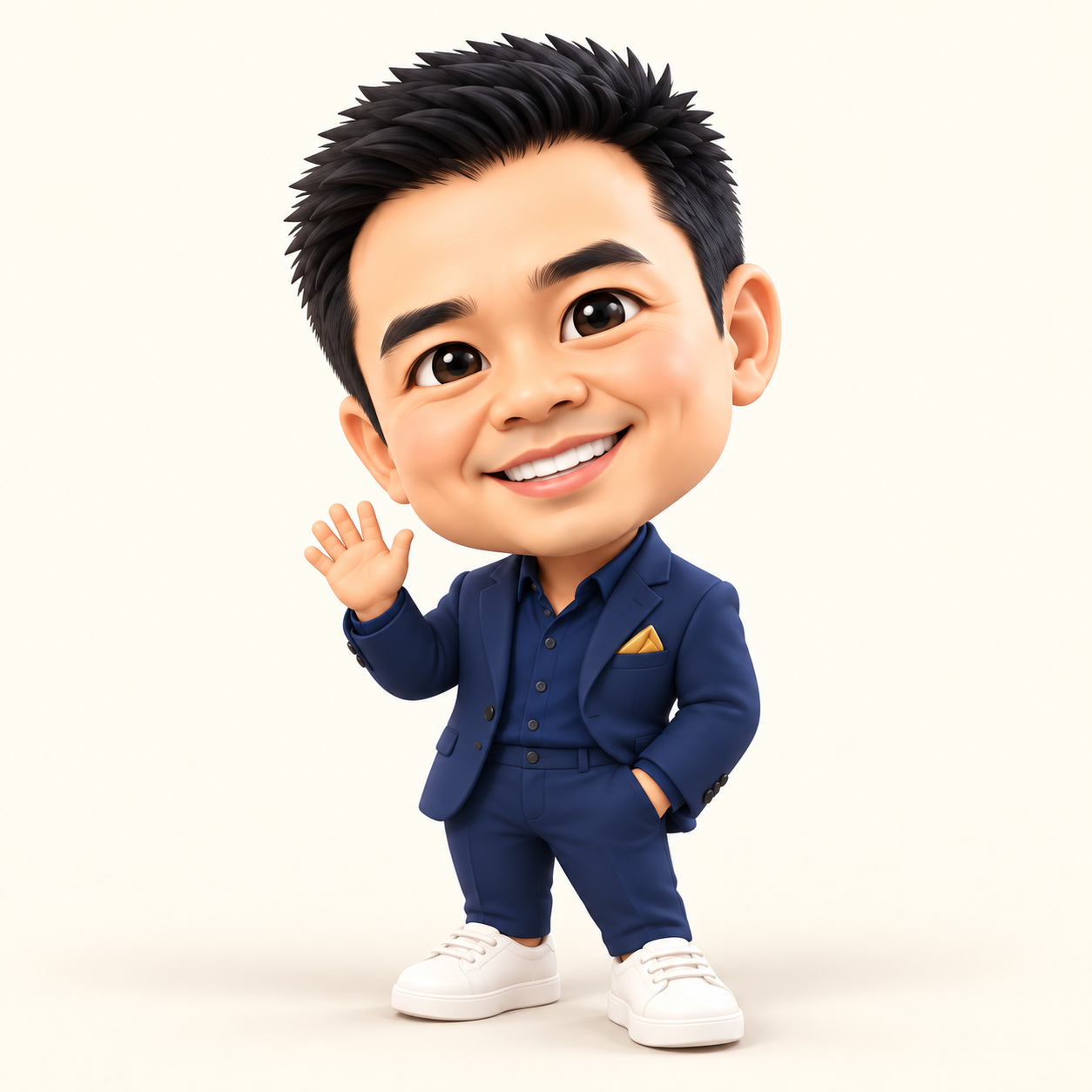 Mini Jeff, a smiling cartoon of Jeff Huang waving in a navy suit with a gold pocket square