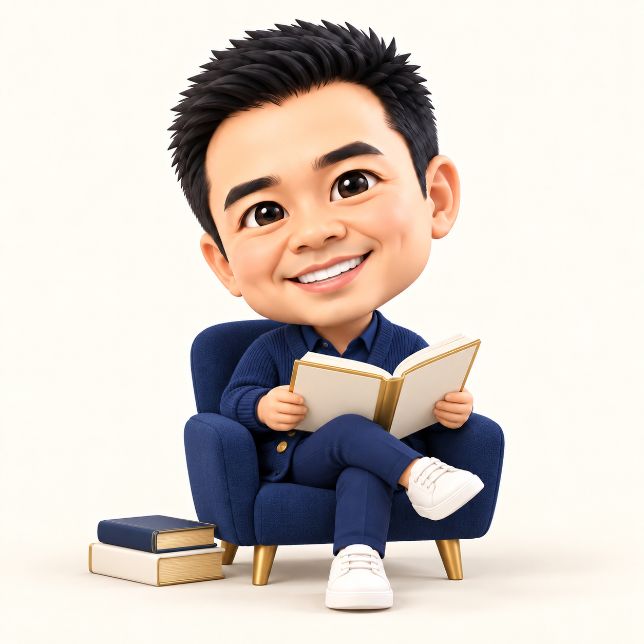 Mini Jeff enjoying reading books
